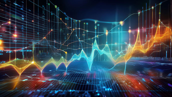 A digital stock market chart with interconnected nodes representing a Bi-LSTM neural network, highlighting attention mechanisms for predicting stock price movements.