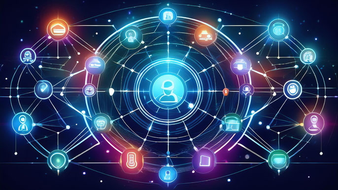 A glowing, interconnected web of digital icons representing various social media platforms, symbolizing the dynamic network of connections in modern business through social media.