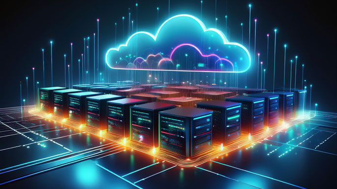 A series of digital servers connected by glowing lines to a large cloud icon hovering above, symbolizing the infrastructure of cloud hosting. The image shows data and resources flowing between the servers and the cloud.