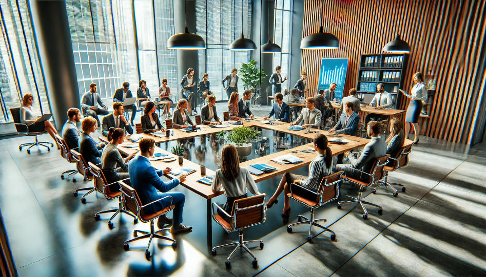 Office setting with diverse employees engaged in a collaborative discussion around a conference table, highlighting teamwork, communication, and a positive work culture, representing organizational behavior in a modern business environment.