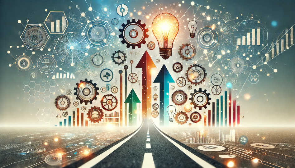 Abstract representation of entrepreneurship with a pathway to success, gears, light bulbs for ideas, and upward arrows symbolizing growth, set against a modern, technology-inspired background.