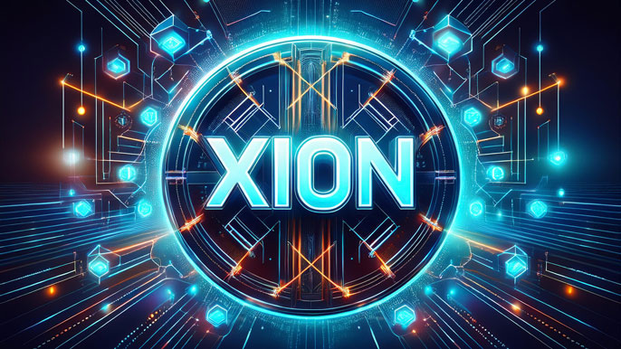 A glowing XION logo surrounded by abstract blockchain nodes and interconnected circuits, symbolizing its role as a Layer-1 blockchain simplifying crypto abstraction and enabling seamless blockchain interactions.