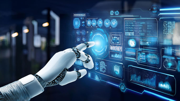 A robotic hand interacting with a futuristic digital dashboard displaying various business processes and data analytics. The image symbolizes the integration of Robotic Process Automation (RPA) to streamline business operations and improve efficiency.