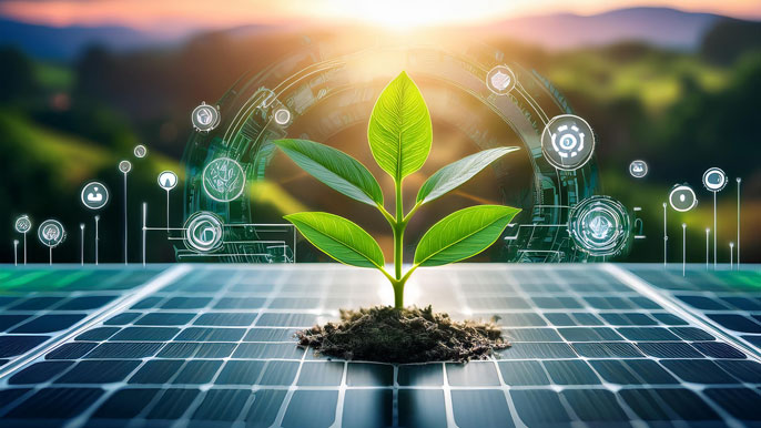 A green plant growing through a solar panel with digital circuit symbols around it, representing the integration of technology and sustainability in business.