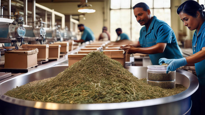 Workers in an industrial herbal processing facility sorting and packaging dried herbs, highlighting the process of transforming raw herbs into medicinal products.