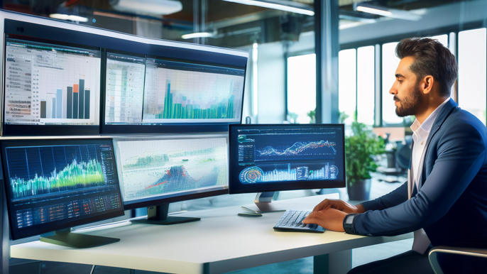 Entrepreneur analyzing marketing and production data on multiple screens, making strategic decisions to balance customer demand, budget, and operational efficiency.