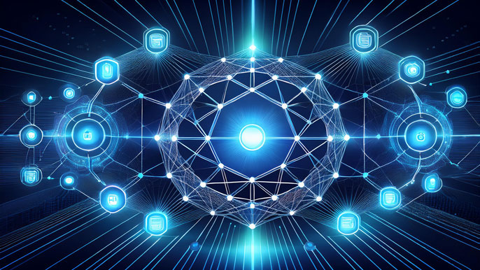 Futuristic visualization of GRIDNET Core 1.5.5 at the center of a decentralized network, with interconnected glowing nodes symbolizing scalability and cross-chain interoperability.