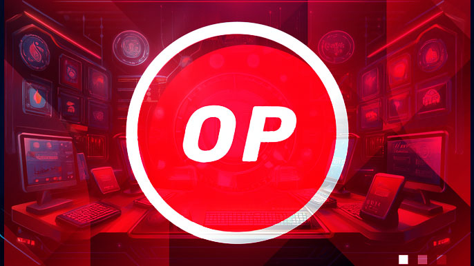 Optimism (OP) logo displayed in a futuristic digital environment with multiple screens showcasing blockchain and DeFi operations.