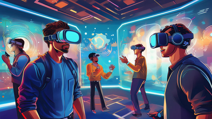 A group of friends wearing VR headsets, engaged in a virtual reality escape room challenge, interacting with virtual objects in a brightly lit, immersive environment.