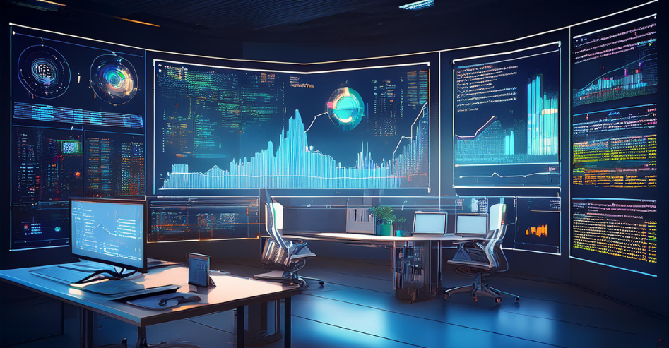 Futuristic workspace displaying Python code, financial charts, and data visualizations, representing business growth simulation and data-driven decision-making.