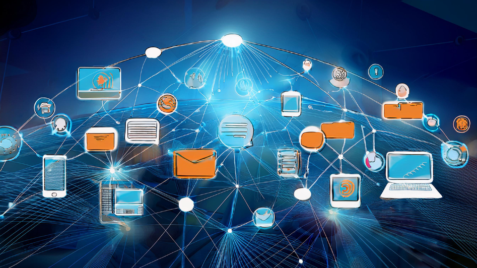 A visual representation of business communication elements, including emails, speech bubbles, digital devices, and charts, all interconnected to symbolize the flow of information in modern business communication.