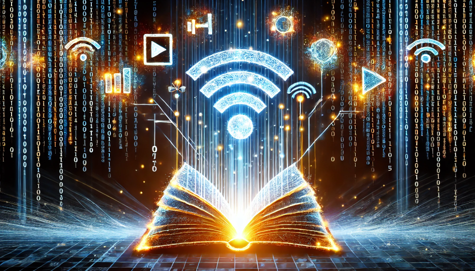 An abstract glowing book transforming into digital symbols, representing the shift from traditional learning to digital education platforms.