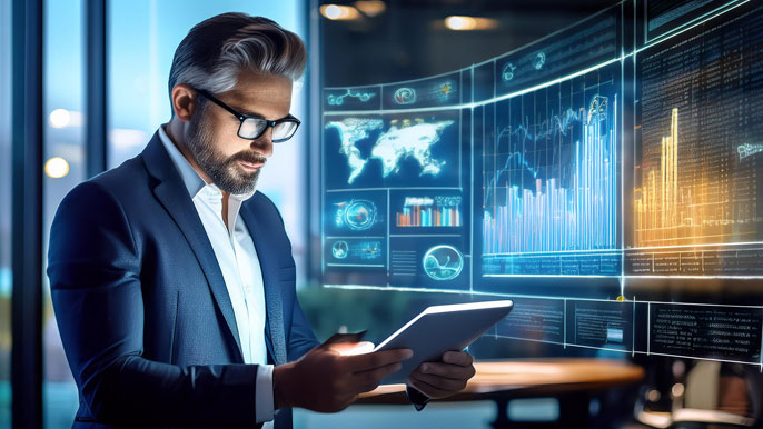 A businessman reading financial data and business news on a digital tablet in a modern workspace, with market graphs and global news displayed on a futuristic screen in the background.