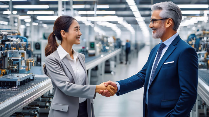 Taiwanese manufacturer and an American executive shaking hands inside a modern factory, with production lines and advanced machinery in the background, symbolizing international business partnerships.