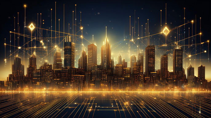 A futuristic city skyline glowing in metallic gold and black, with digital connections and abstract golden data nodes illuminating the night sky.