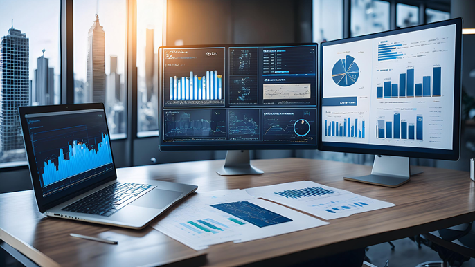 A modern office desk with financial reports, a laptop, and dual monitors displaying financial forecasts and key metrics, symbolizing strategic decision-making through financial analysis.