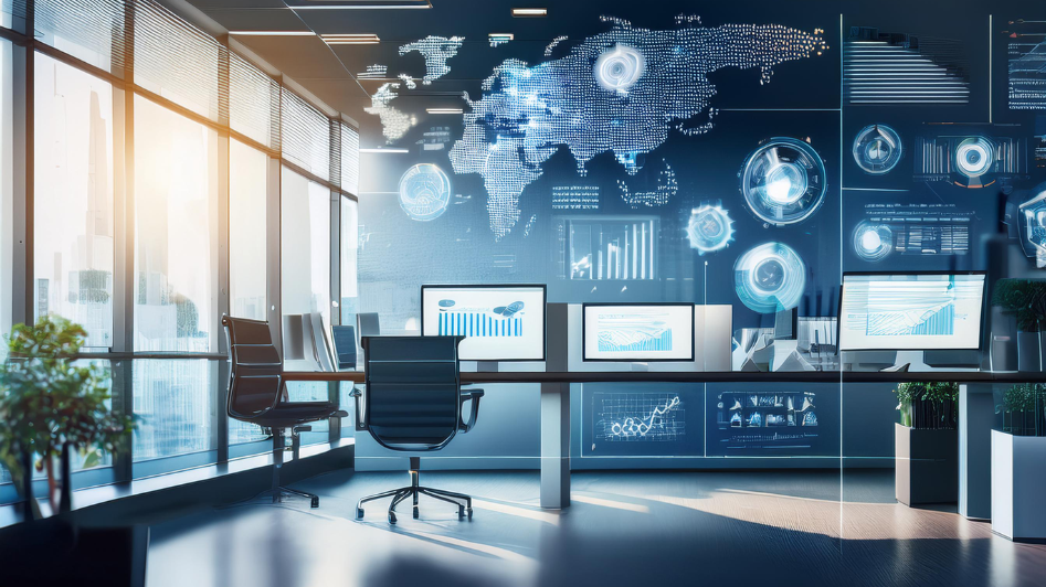 A modern office workspace displaying charts, diagrams, and digital metrics symbolizing quality management processes and continuous improvement in business operations.