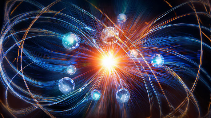 A vibrant visual representation of quantum entanglement, showing interconnected particles with beams of light, symbolizing Rydberg interactions in quantum computing.