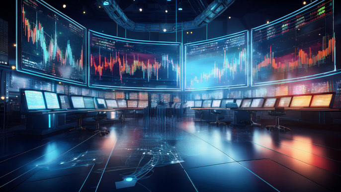 Futuristic stock market floor with digital screens showing stock charts and neural networks, representing GANs and transformers in stock prediction.