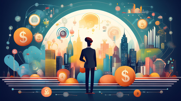 Abstract image representing starting a business with no money, featuring icons of crowdfunding, digital tools, and resourcefulness against a cityscape backdrop, symbolizing growth and innovation.