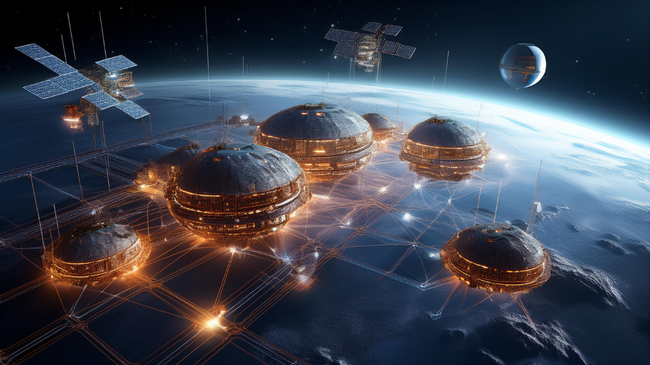 Futuristic space business infrastructure with interconnected space stations and satellites, representing the future growth of space commerce and industry.