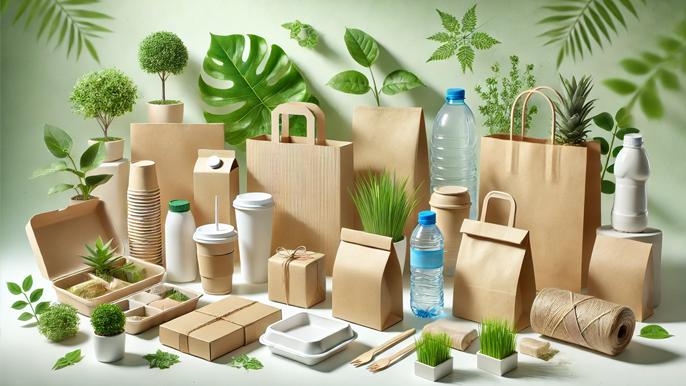 Eco-friendly packaging materials including recyclable cardboard, plant-based containers, and biodegradable plastics displayed on a natural background with green leaves, symbolizing sustainability.