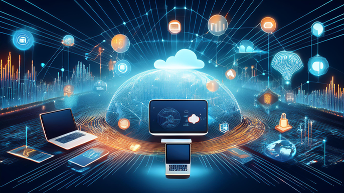 Abstract image representing the iEconomy, featuring interconnected digital devices, cloud computing, and financial icons, symbolizing global connectivity and innovation in the digital economy.