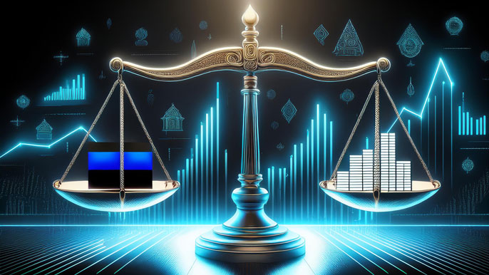 A balanced legal scale with an Estonian flag on one side and business charts on the other, symbolizing the balance of business law and ethics in Estonia for entrepreneurs.