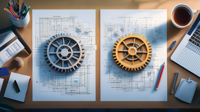 An office desk with two sets of blueprints, one featuring interconnected gears representing system efficiency and analysis, and the other with creative design elements, symbolizing the contrast between System Thinking and Design Thinking methodologies.