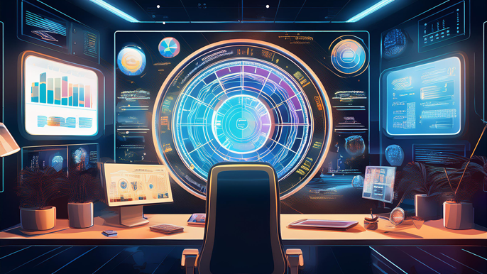 Futuristic business marketing workspace showcasing AI-driven data analytics, interactive digital screens, and innovative marketing tools for 2025.