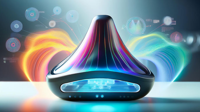 A futuristic electronic nose device emitting colorful waves, symbolizing advanced scent detection technology.