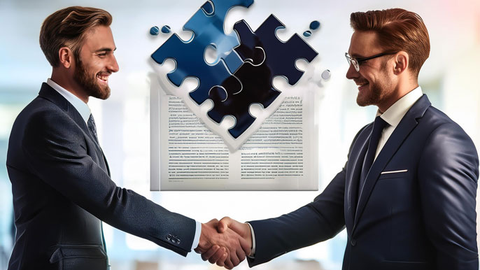 Two business professionals shaking hands with puzzle pieces falling into place over a signed contract in the background, symbolizing the completion of a successful negotiation and closing a deal.