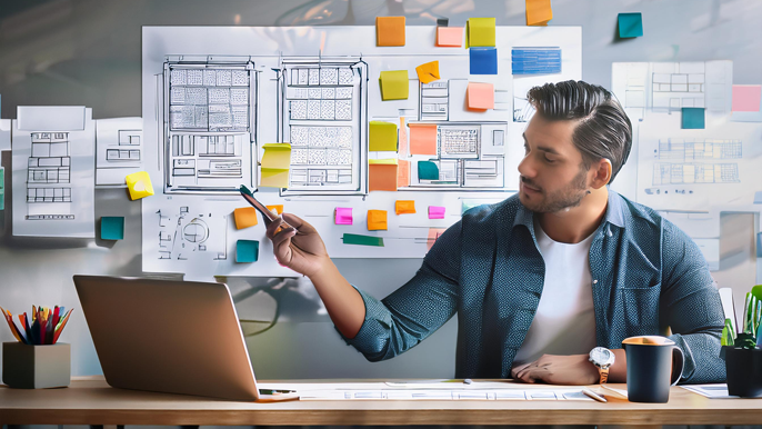 Designer brainstorming at a desk with sketches and sticky notes on the wall, symbolizing the design thinking process of prototyping, empathy, and collaboration for business innovation.