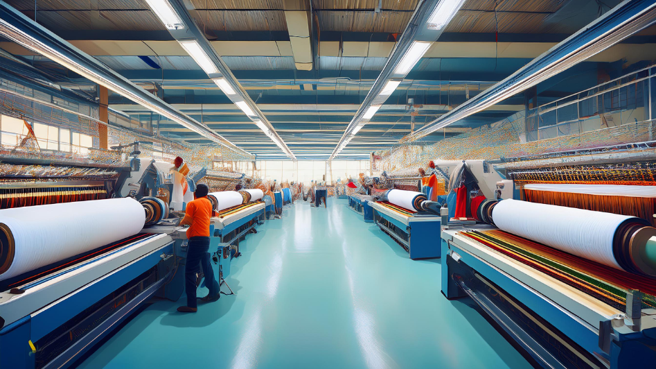 A modern textile manufacturing facility with automated weaving machines and fabric rolls, symbolizing the efficiency and scale of the textile industry in hubs like Tiruppur, Tamil Nadu, a major center for knitwear production.