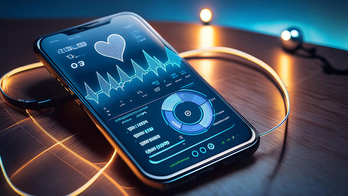 A smartphone screen displaying real-time health monitoring data, including heart rate and oxygen levels, symbolizing the use of IoT technology in wearable medical devices for enhanced patient care.