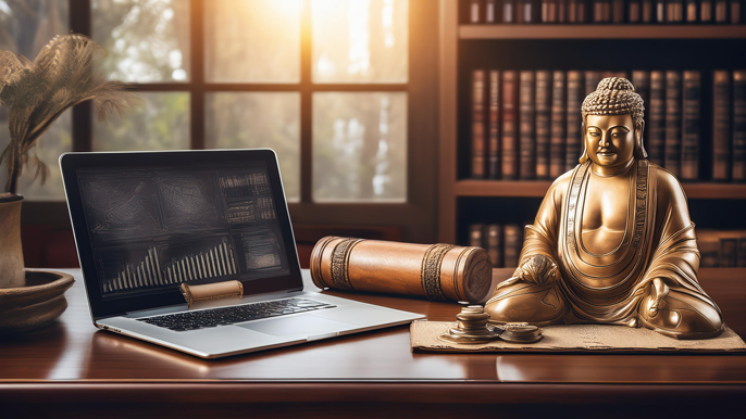 An elegant business desk with a laptop displaying charts, a scroll, and a Buddha statue, symbolizing the blend of ancient wisdom and modern business strategies.