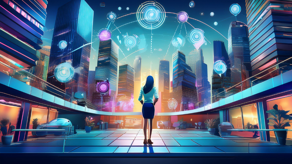 A futuristic scene depicting a small, innovative business standing against towering corporate giants. The image represents agility, innovation, and finding a competitive edge in a crowded market.