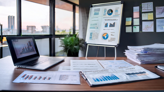 A business desk displaying financial reports, exit plan documents, and a whiteboard with business strategy charts, symbolizing the process of preparing for a business exit and ensuring long-term success.