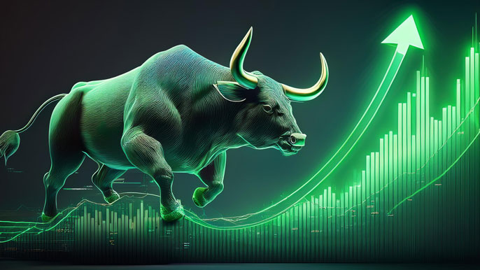 A glowing green bull charging upward alongside a rising stock chart with green bars and an arrow, symbolizing a bullish stock market trend.