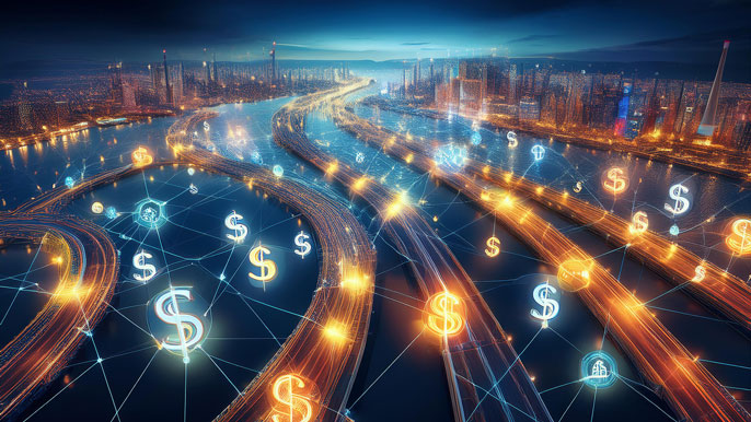 A symbolic image of glowing highways, railways, and shipping routes forming a global network, representing the flow of goods and people in global trade.