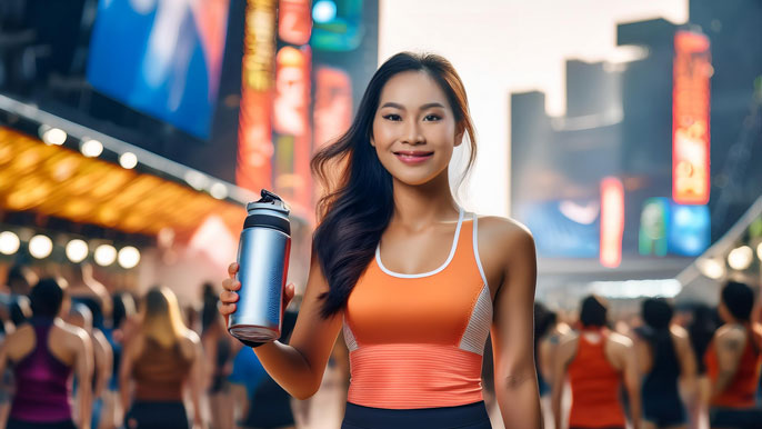 A famous athlete acting as a brand ambassador, posing with a sports product in an urban setting. The athlete is surrounded by fans, some taking photos, while digital advertisements featuring the athlete’s image are displayed on nearby billboards.