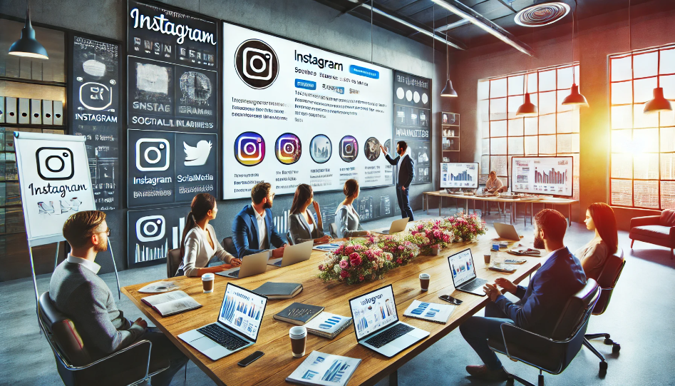 A wide image of a modern office setting where a team is working on Instagram business strategies, with laptops displaying Instagram feeds, a large social media dashboard, and a whiteboard with marketing ideas.