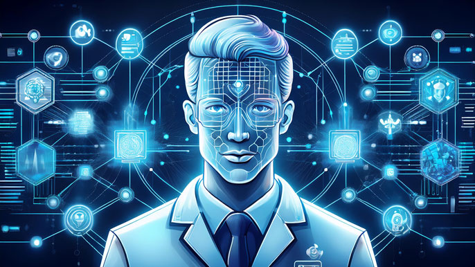 A futuristic illustration of a healthcare professional surrounded by interconnected digital nodes and holographic medical charts, symbolizing the integration of blockchain and technology in behavioral health.