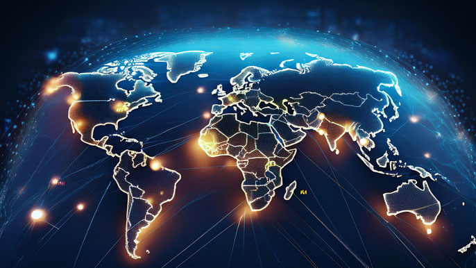 A glowing world map with highlighted trade routes connecting various countries, symbolizing global trade networks and the resources provided by the WTO for international businesses.