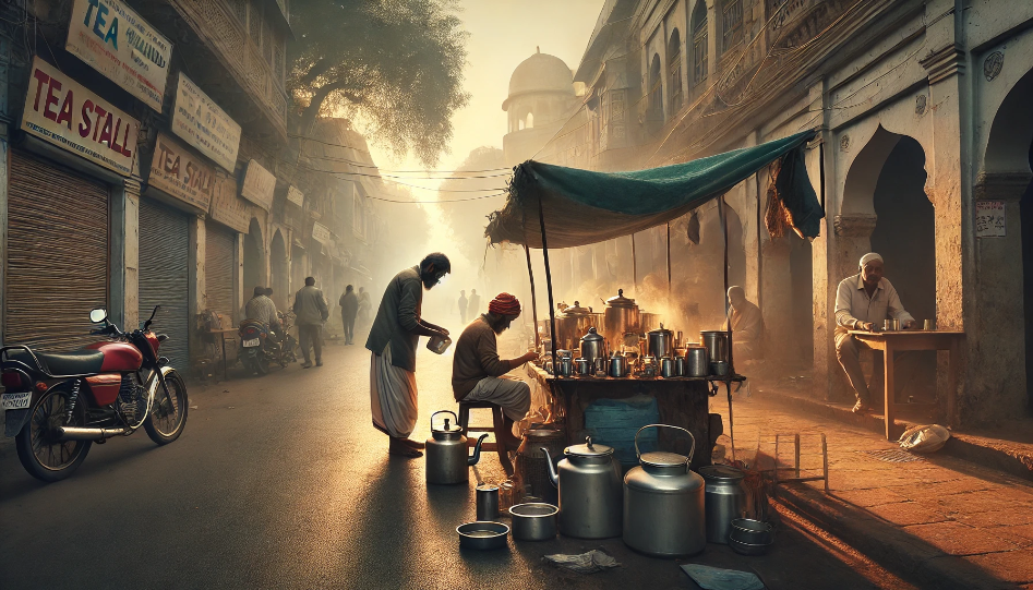 A tea stall vendor setting up his stall early in the morning on a quiet Indian street, with soft morning light creating a peaceful atmosphere.