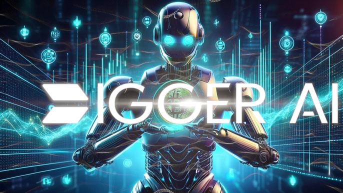 A futuristic AI robot with glowing elements, surrounded by blockchain technology icons, representing DIGGER AI's innovation in crypto and artificial intelligence.