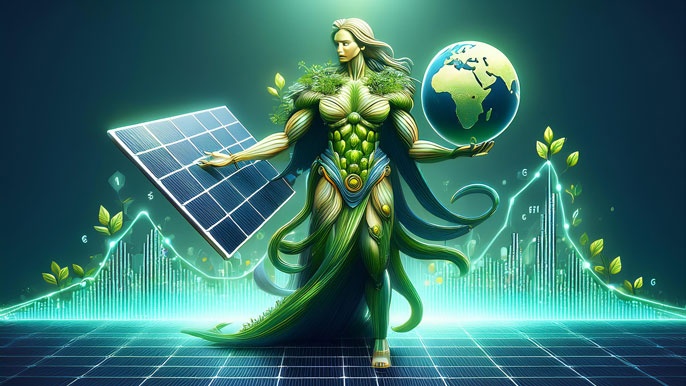 A mythical guardian of sustainability holding a globe and a solar panel, standing against a glowing stock market graph background, symbolizing the harmony between ESG values and market growth.