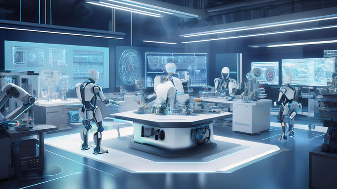 A futuristic robotics design lab with engineers working on modular robot prototypes, surrounded by advanced technology and robotic components, highlighting innovation in robotics development for 2025.