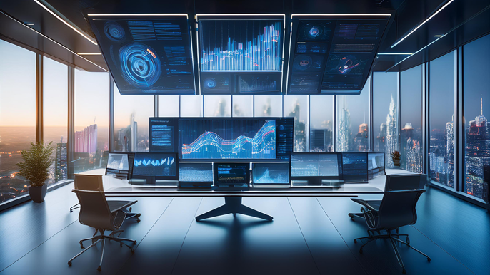 Modern office setup with multiple digital screens displaying business data, charts, and analytics, symbolizing data-driven decision making in business strategy.