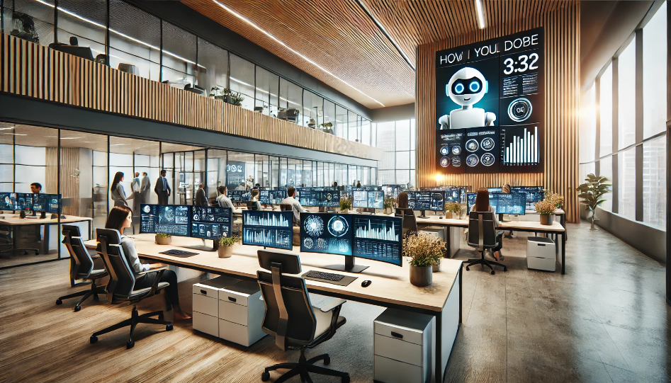 Modern office workspace with advanced technology, featuring multiple monitors, AI-powered tools, and remote collaboration screens in a well-lit, eco-friendly environment.